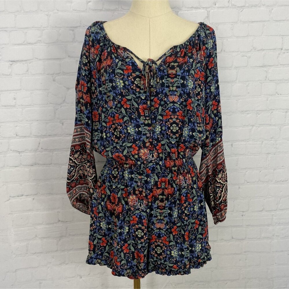 American Eagle Medium Blue Floral Boho Long Sleeve Romper